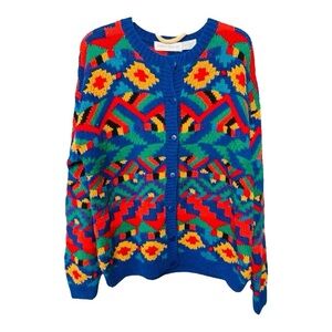 Vintage Eclectic Grandma Bright Colorful Button Front Cardigan Sweater Size Larg